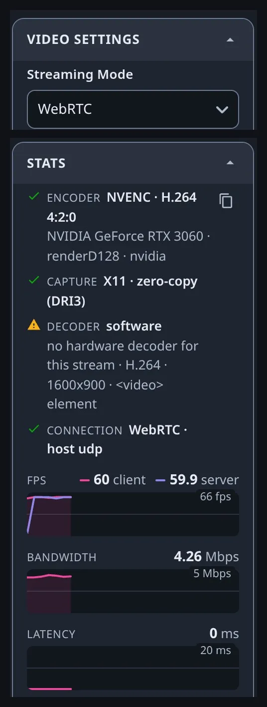 Streaming mode set to WebRTC and the stats panel reporting a host UDP connection Streaming mode set to WebRTC and the stats panel reporting a host UDP connection