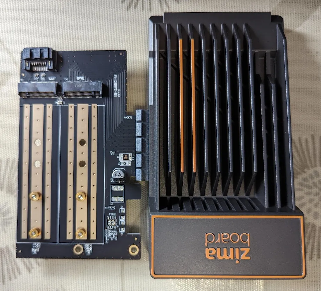 The ZimaBoard with a dual NVME adaptor in the PCIe slot zima4